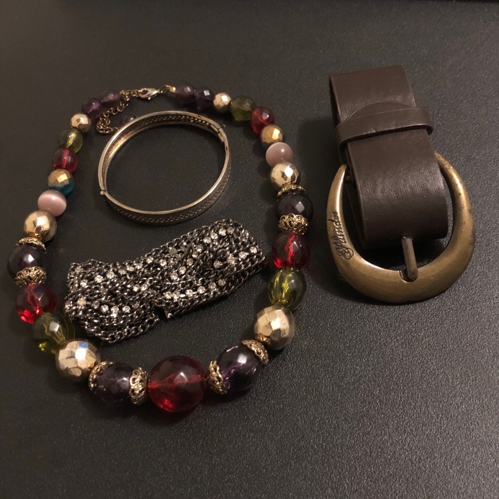 Vintage Mixed Beaded Statement Necklace with Multicolor Beads, Three Bracelets